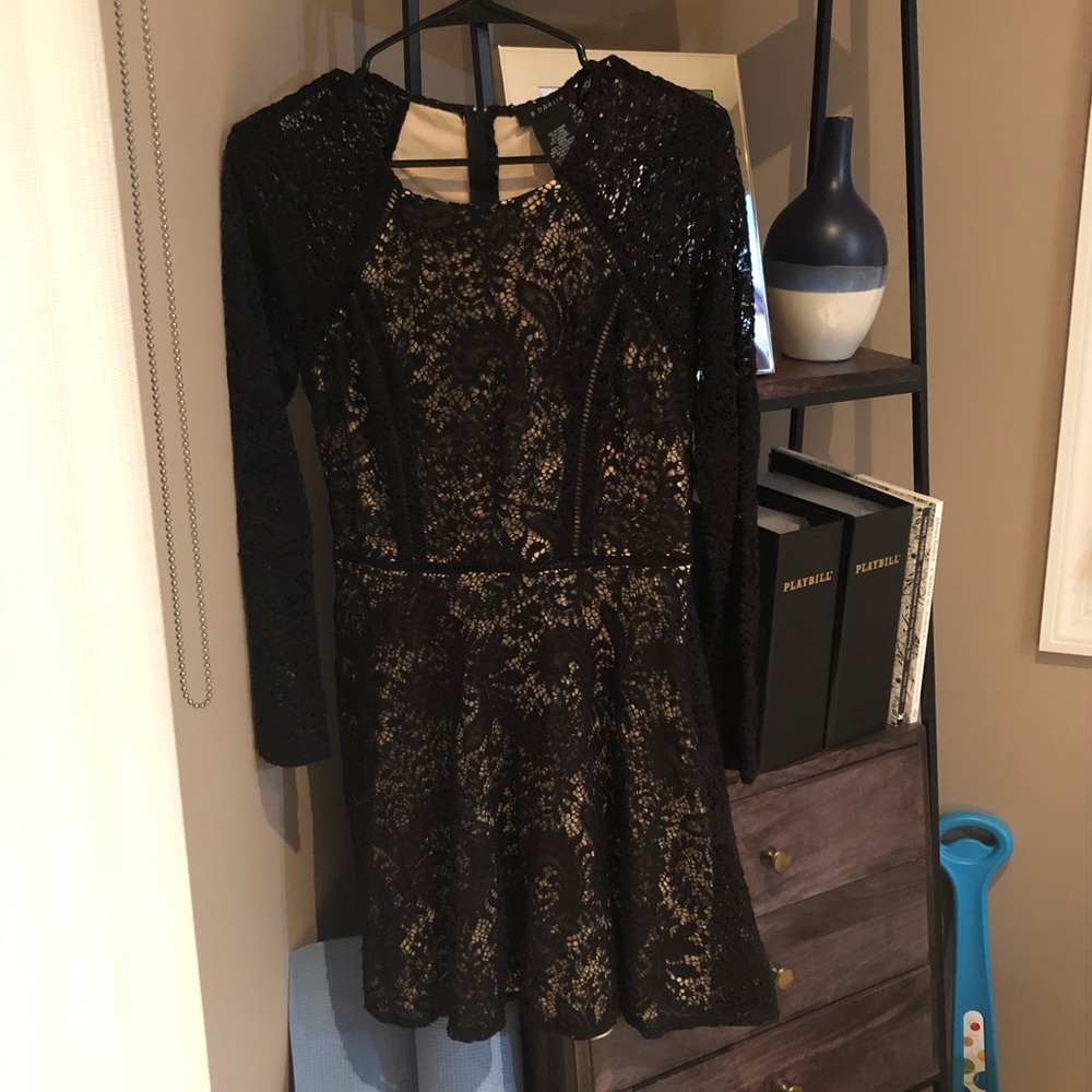 B Darlin Long-Sleeved Fit and Flare Lace Dress